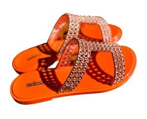 Melissa Slide Sandals with Crystals | Size 6 | Bright Orange
